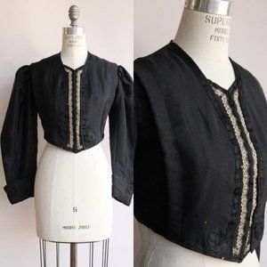 Vintage Antique 1800s Womens Victorian Jacket, Large Size Black Silk Edwardian